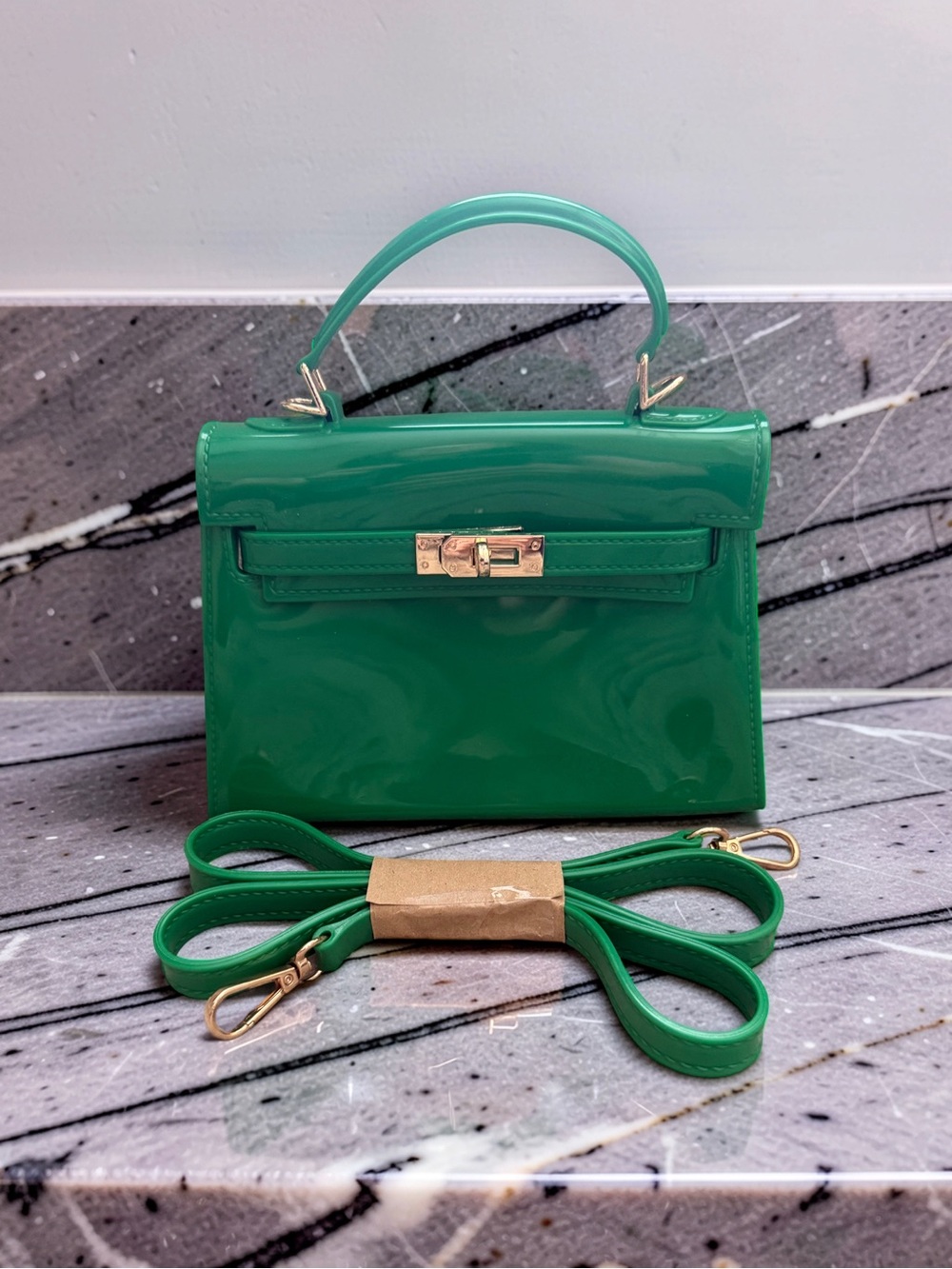 Patent Green Top-Handle Satchel with Detachable Strap